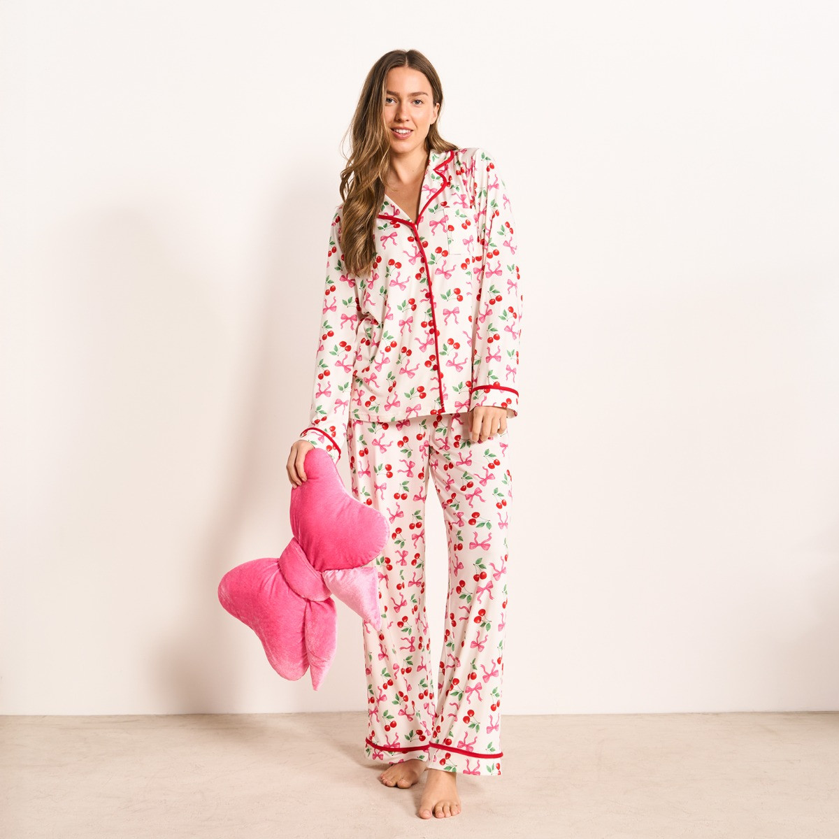 OHS Cherry Bow Print Piped Edge Jersey Pyjama Set, White/Pink - Large/Extra Large>
