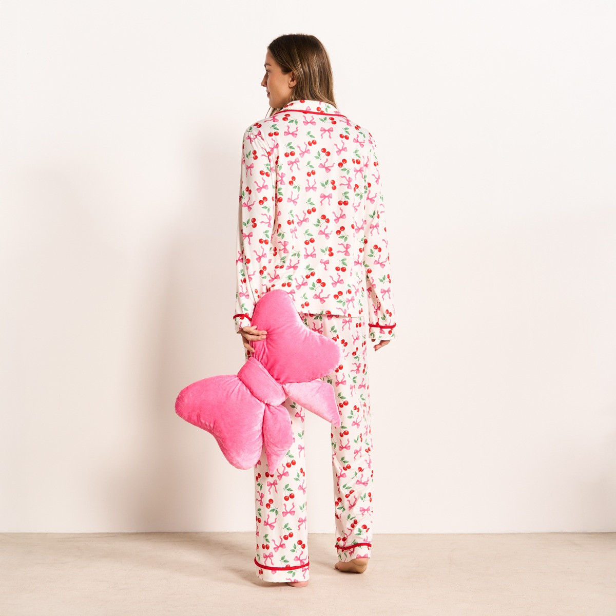 OHS Cherry Bow Print Piped Edge Jersey Pyjama Set, White/Pink - Small/Medium>
