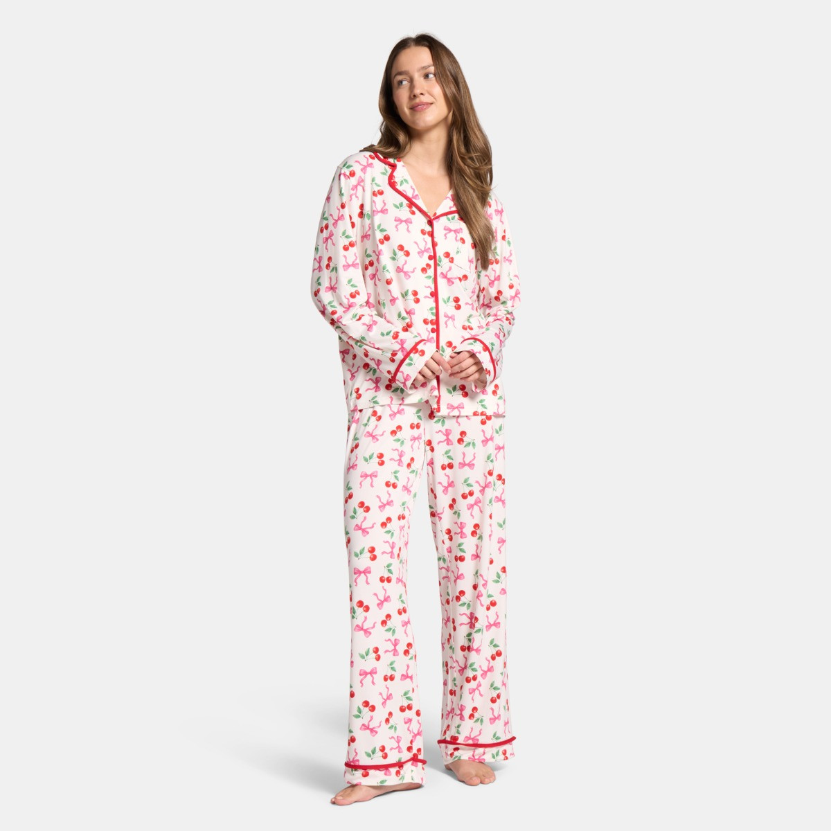 OHS Cherry Bow Print Piped Edge Jersey Pyjama Set, White/Pink - Small/Medium>