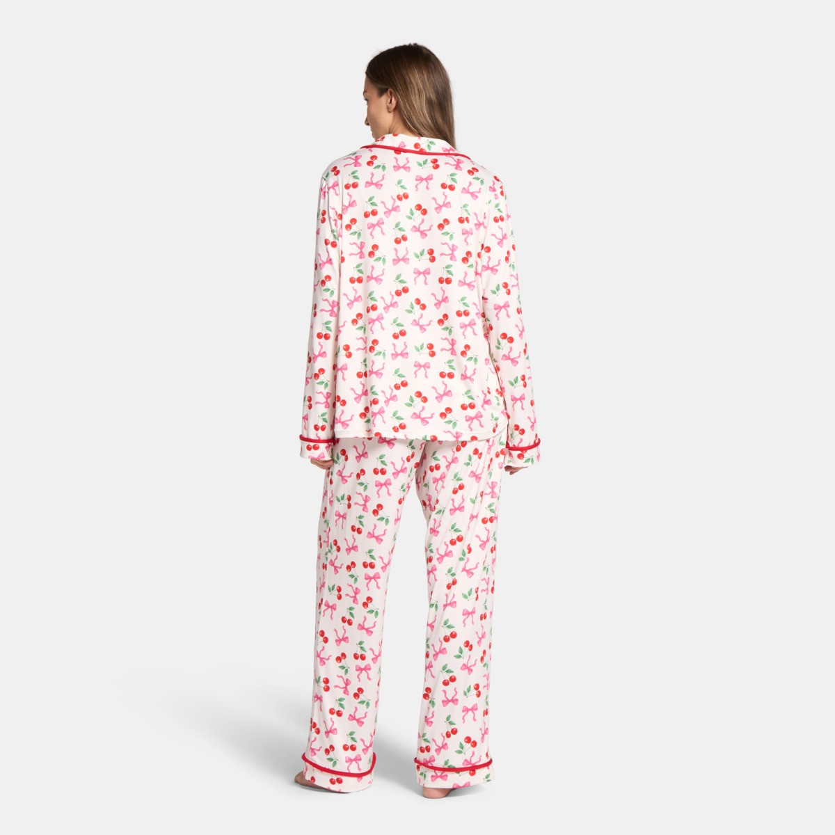 OHS Cherry Bow Print Piped Edge Jersey Pyjama Set, White/Pink - Large/Extra Large>