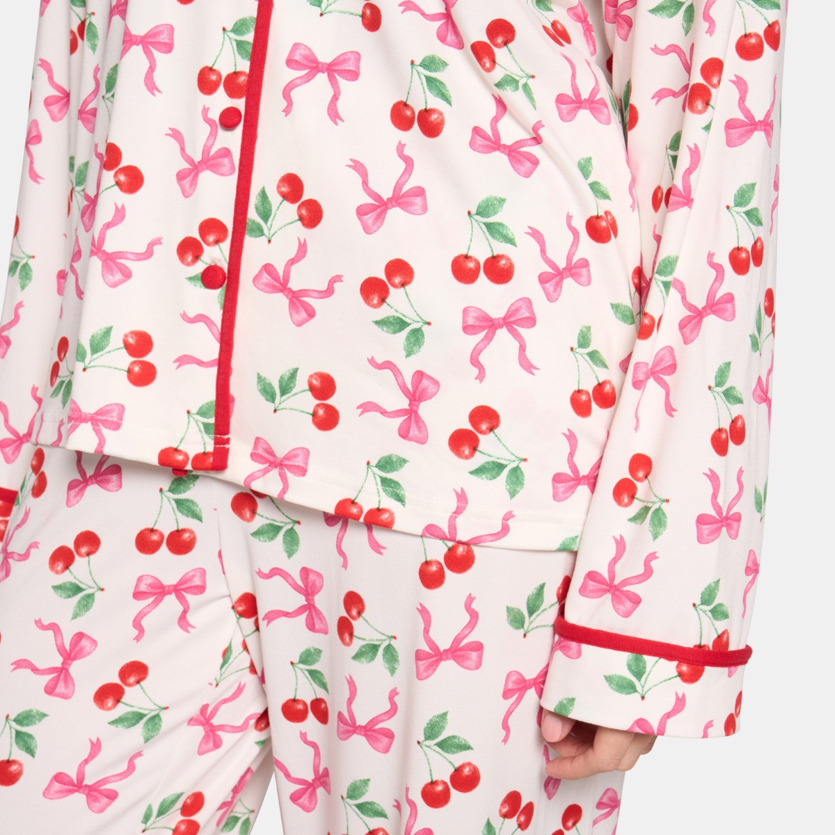 OHS Cherry Bow Print Piped Edge Jersey Pyjama Set, White/Pink - Small/Medium>