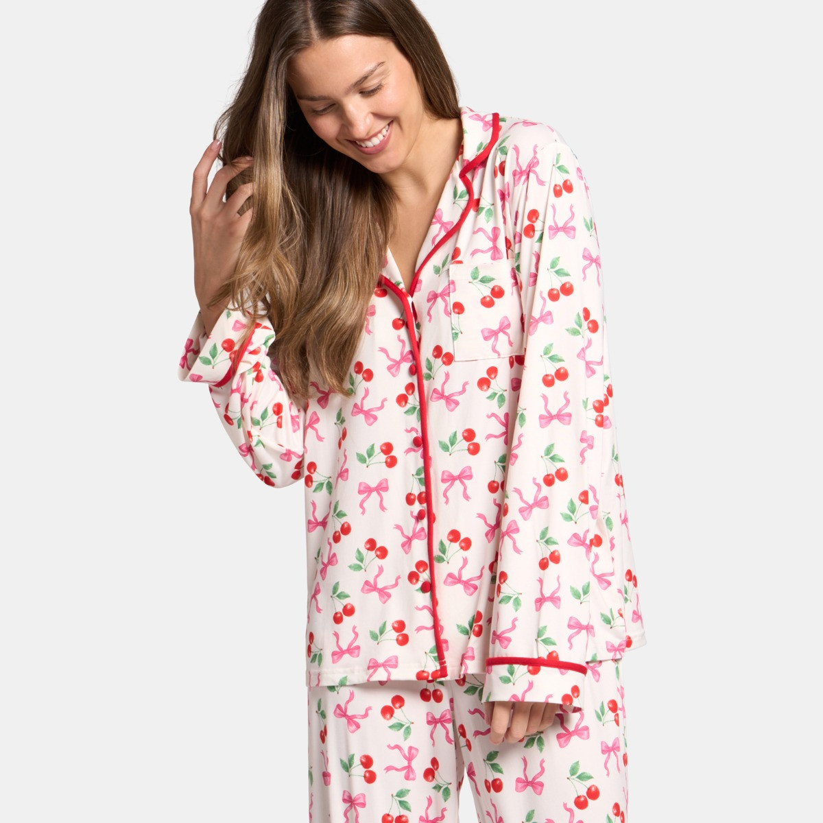 OHS Cherry Bow Print Piped Edge Jersey Pyjama Set, White/Pink - Large/Extra Large>