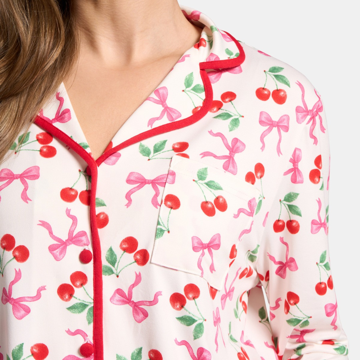 OHS Cherry Bow Print Piped Edge Jersey Pyjama Set, White/Pink - Large/Extra Large>