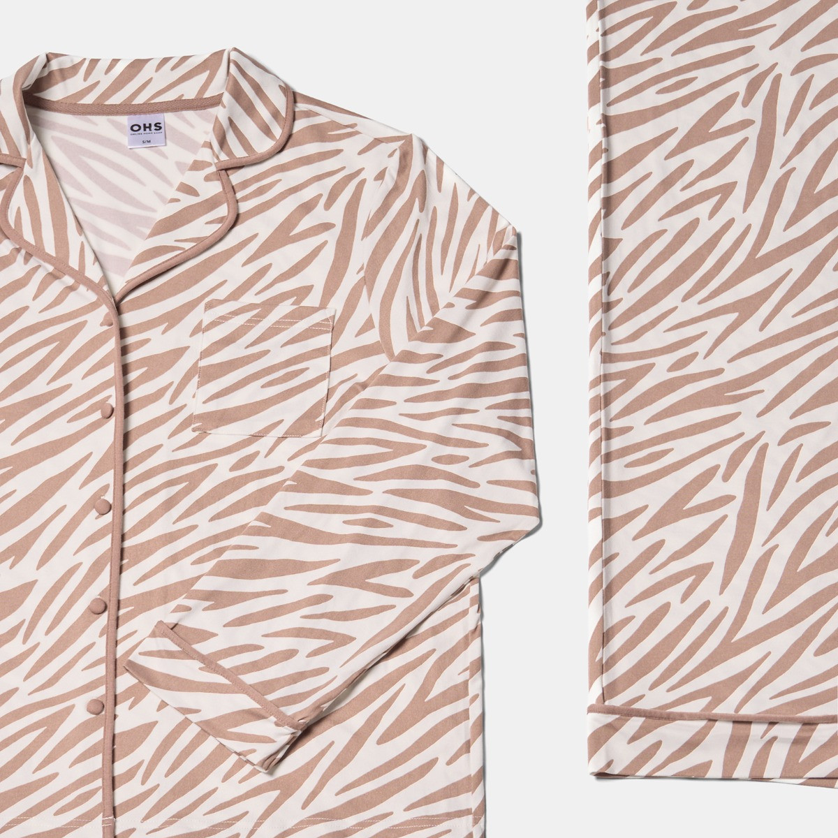 OHS Zebra Print Piped Edge Jersey Pyjama Set, Beige - Small/Medium>