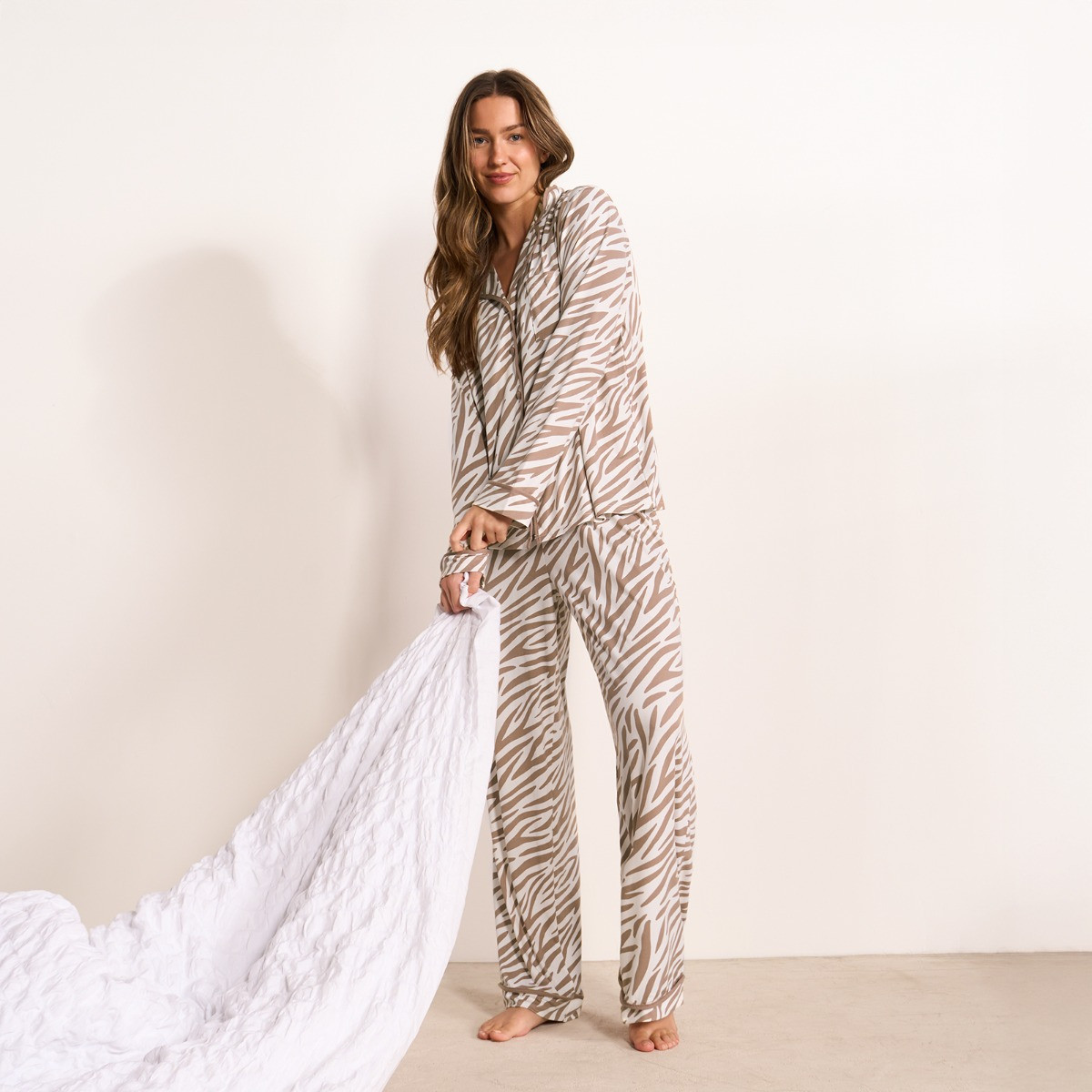 OHS Zebra Print Piped Edge Jersey Pyjama Set, Beige - Small/Medium>