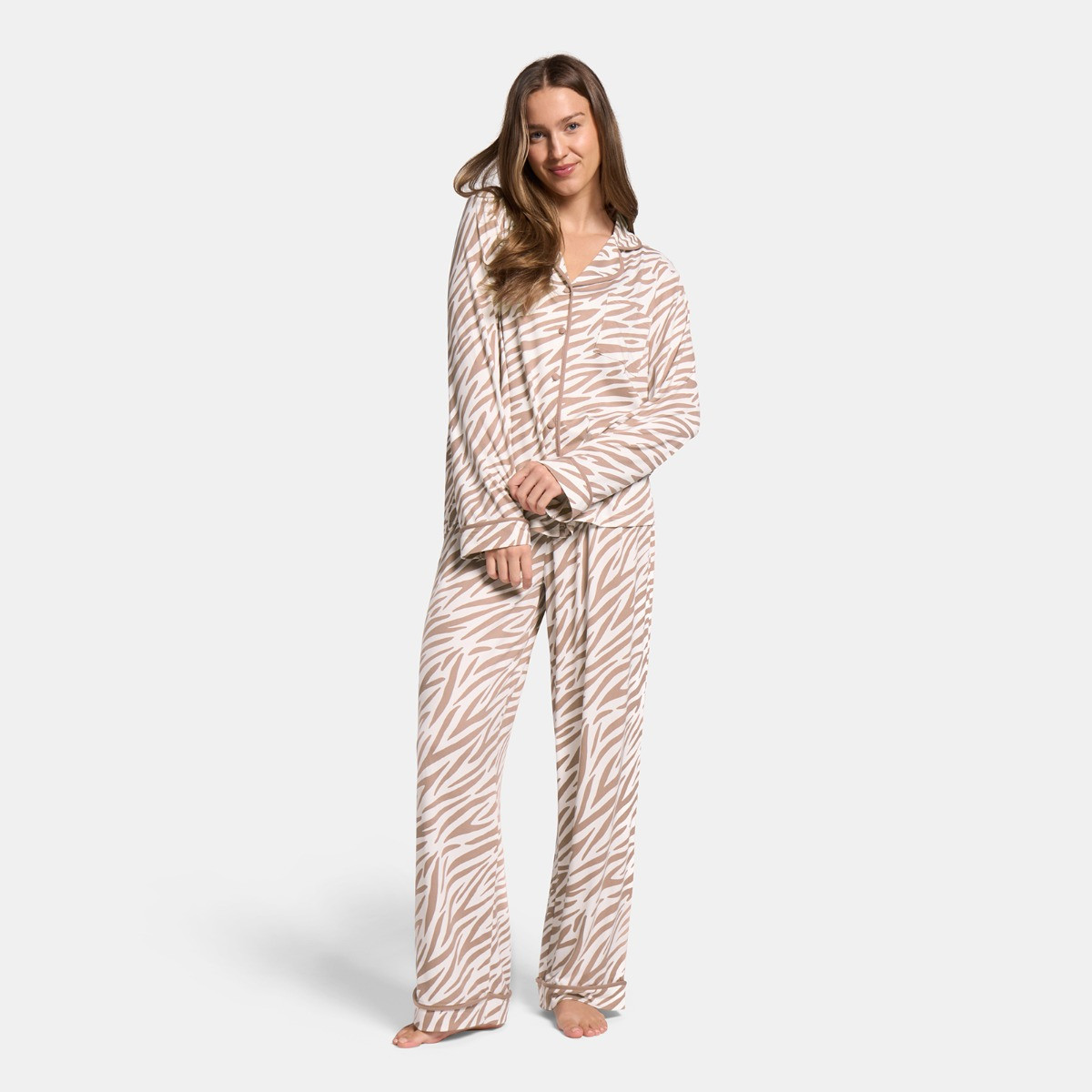 OHS Zebra Print Piped Edge Jersey Pyjama Set, Beige - Small/Medium>