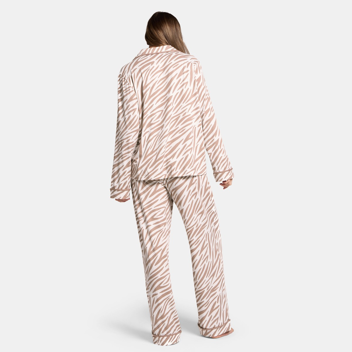 OHS Zebra Print Piped Edge Jersey Pyjama Set, Beige - Small/Medium>