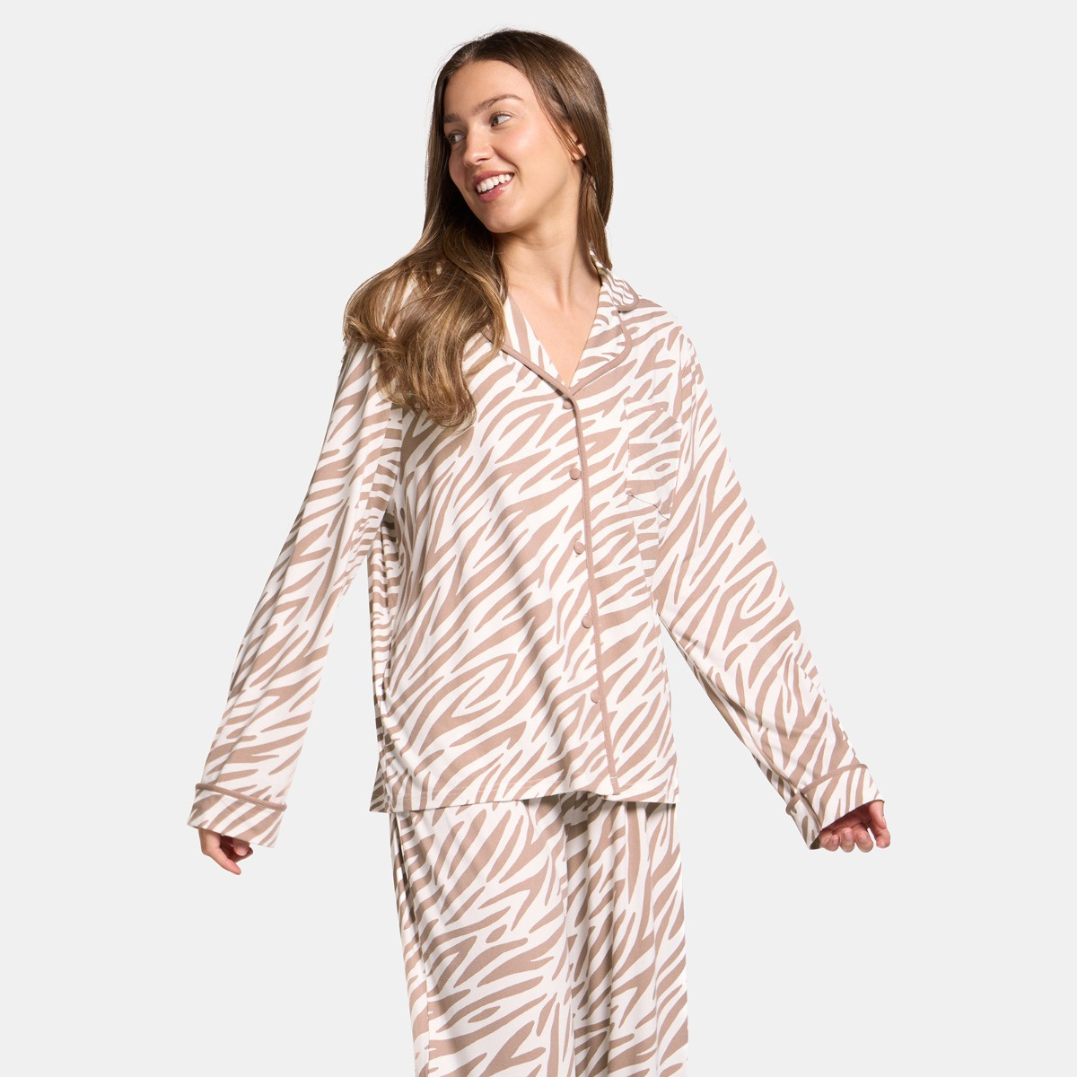 OHS Zebra Print Piped Edge Jersey Pyjama Set, Beige - Small/Medium>