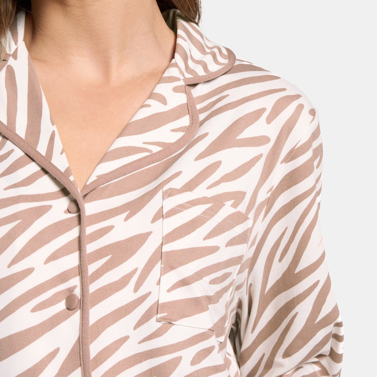 OHS Zebra Print Piped Edge Jersey Pyjama Set, Beige - Small/Medium>