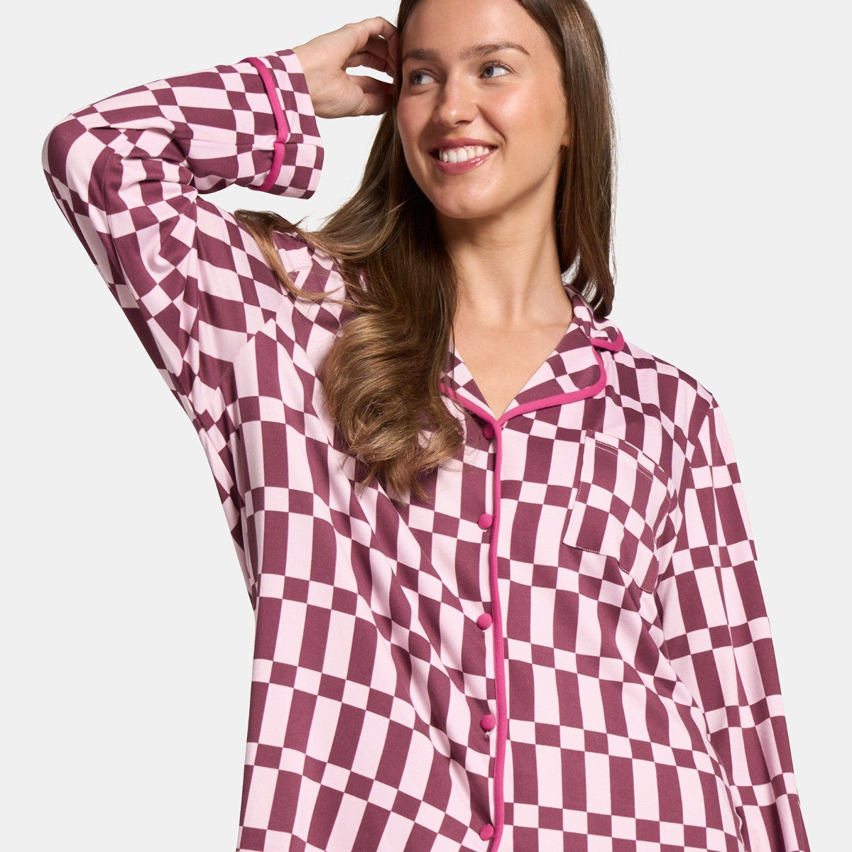 OHS Check Print Piped Edge Jersey Pyjama Set, Burgundy - Small/Medium>