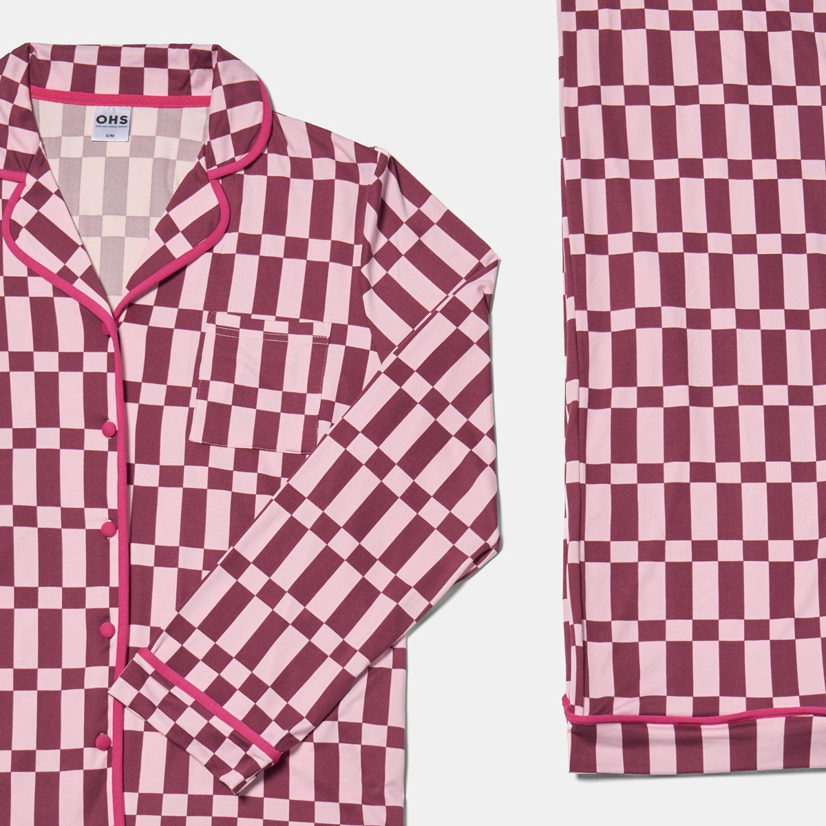 OHS Check Print Piped Edge Jersey Pyjama Set, Burgundy - Small/Medium>