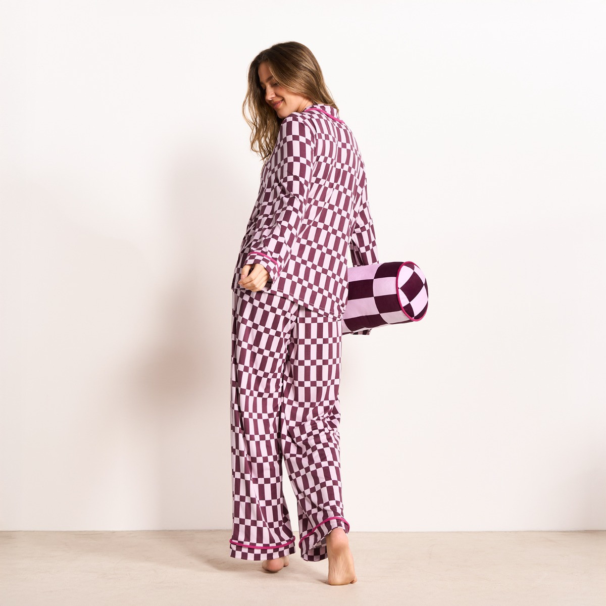 OHS Check Print Piped Edge Jersey Pyjama Set, Burgundy - Small/Medium>