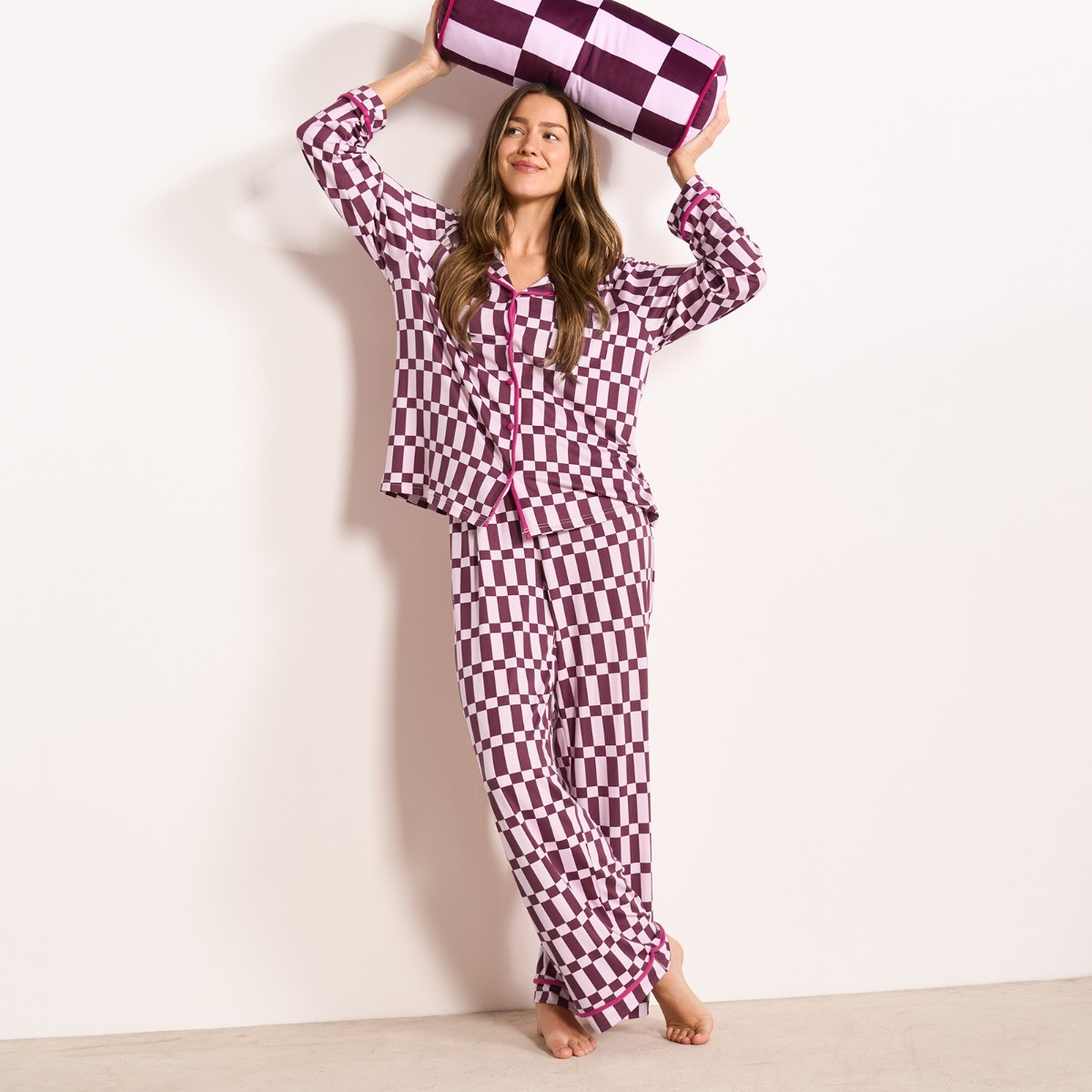 OHS Check Print Piped Edge Jersey Pyjama Set, Burgundy - Small/Medium>