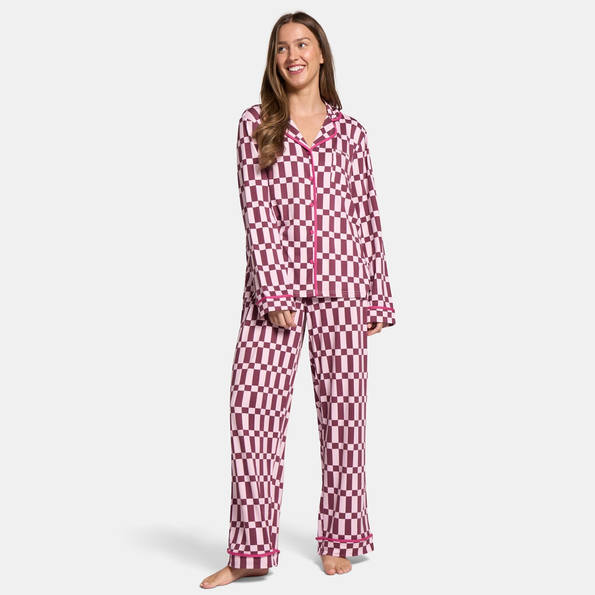OHS Check Print Piped Jersey Pyjama Set - Pink/Burgundy>