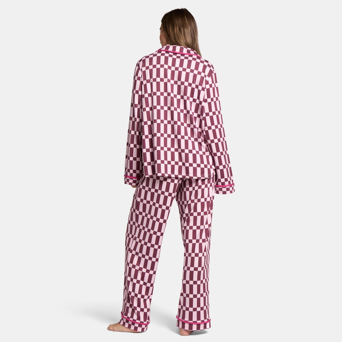 OHS Check Print Piped Jersey Pyjama Set - Pink/Burgundy>
