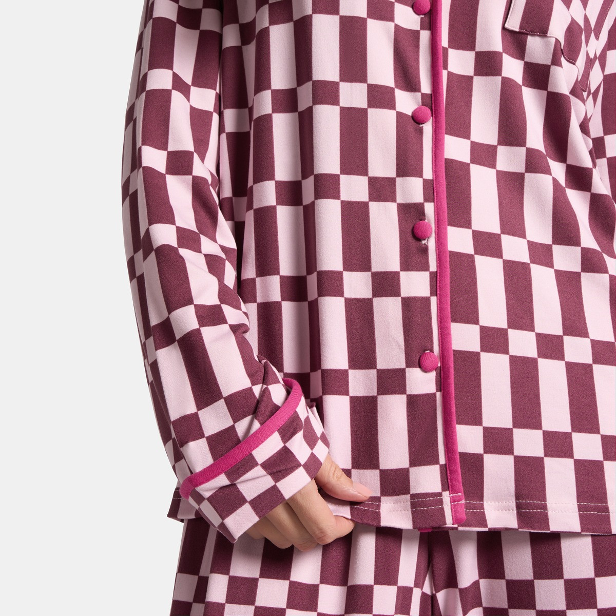 OHS Check Print Piped Edge Jersey Pyjama Set, Burgundy - Small/Medium>