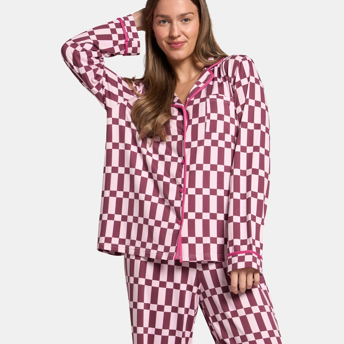 OHS Check Print Piped Edge Jersey Pyjama Set, Burgundy - Small/Medium>