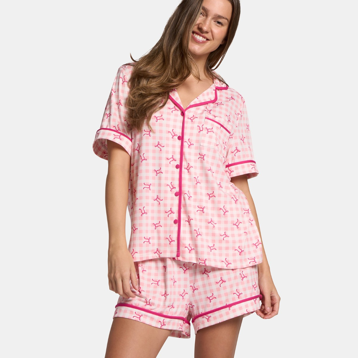 OHS Bow Print Piped Edge Jersey Short Pyjama Set, Pink - Small/Medium>