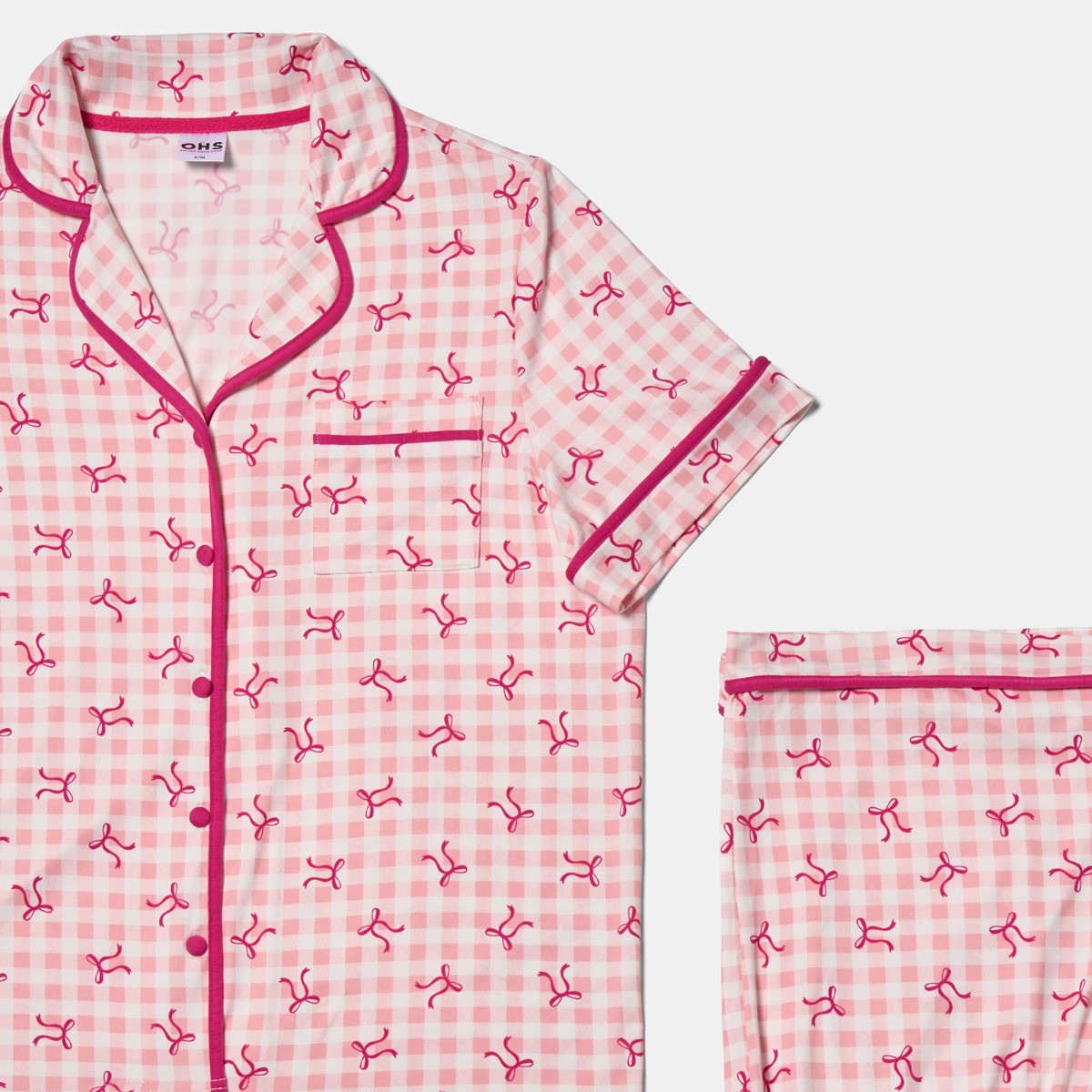 OHS Bow Print Piped Edge Jersey Short Pyjama Set, Pink - Small/Medium>