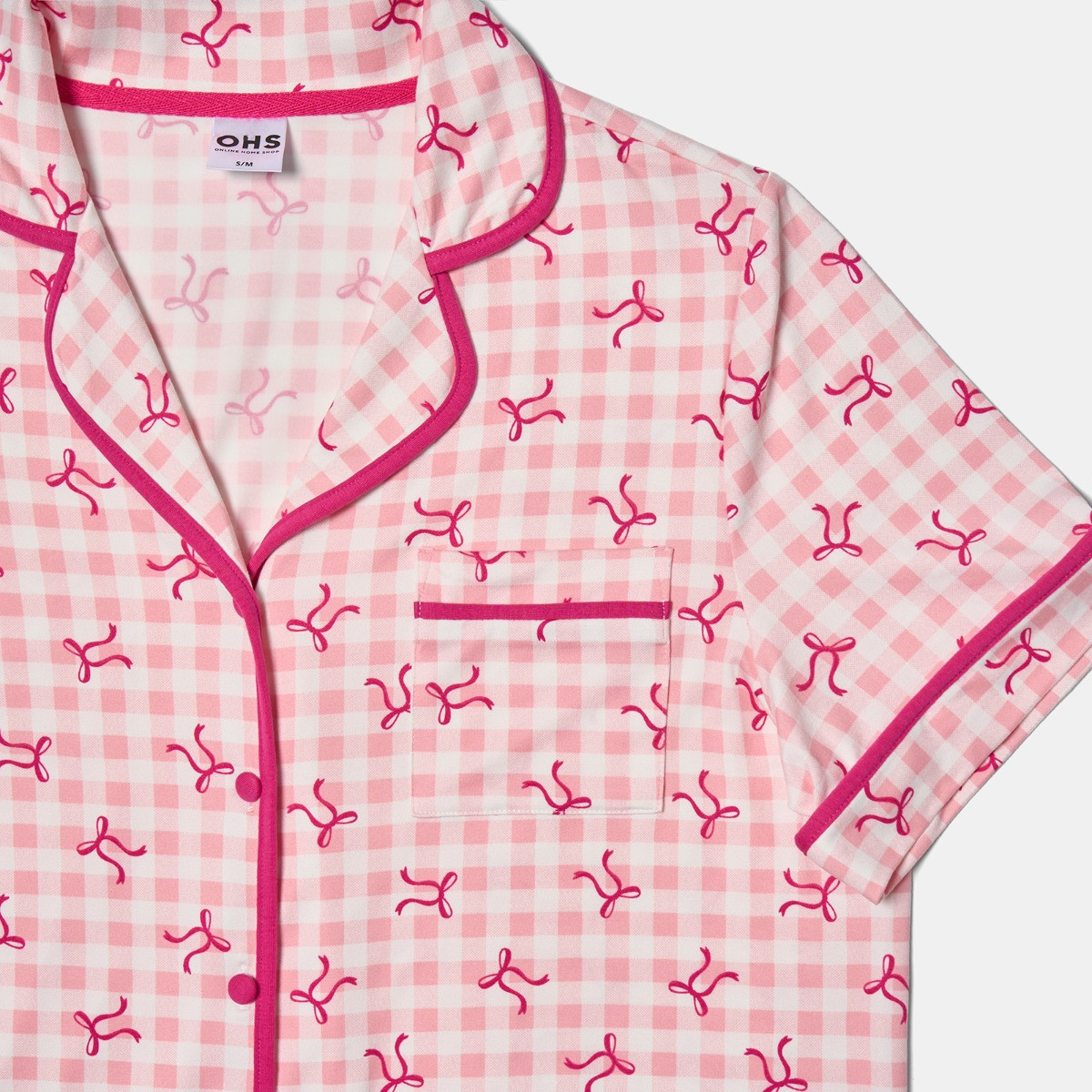 OHS Bow Print Piped Edge Jersey Short Pyjama Set, Pink - Small/Medium>