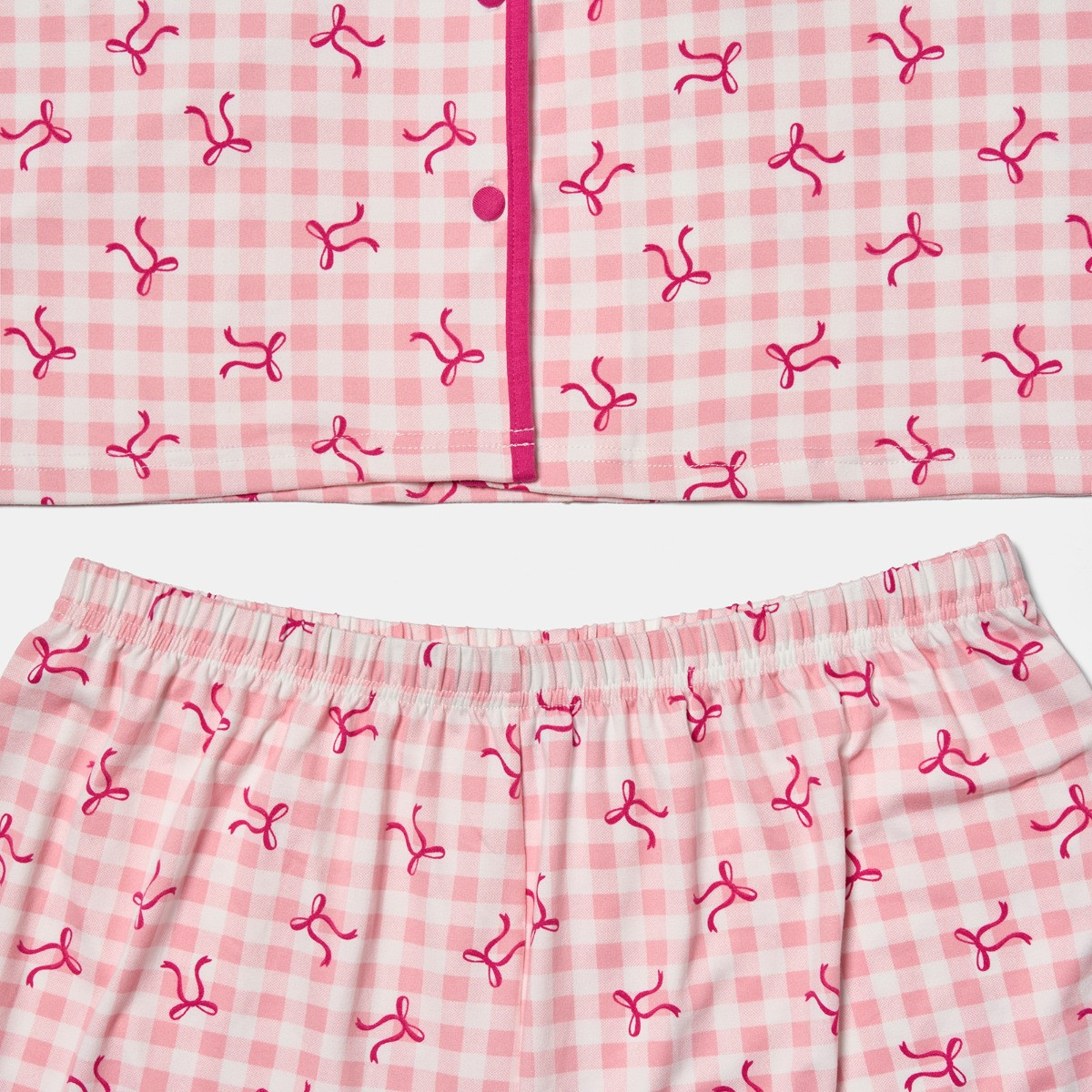 OHS Bow Print Piped Edge Jersey Short Pyjama Set, Pink - Small/Medium>