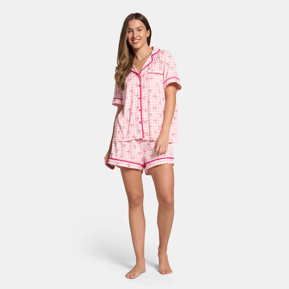 OHS Bow Print Piped Edge Jersey Short Pyjama Set, Pink - Small/Medium>