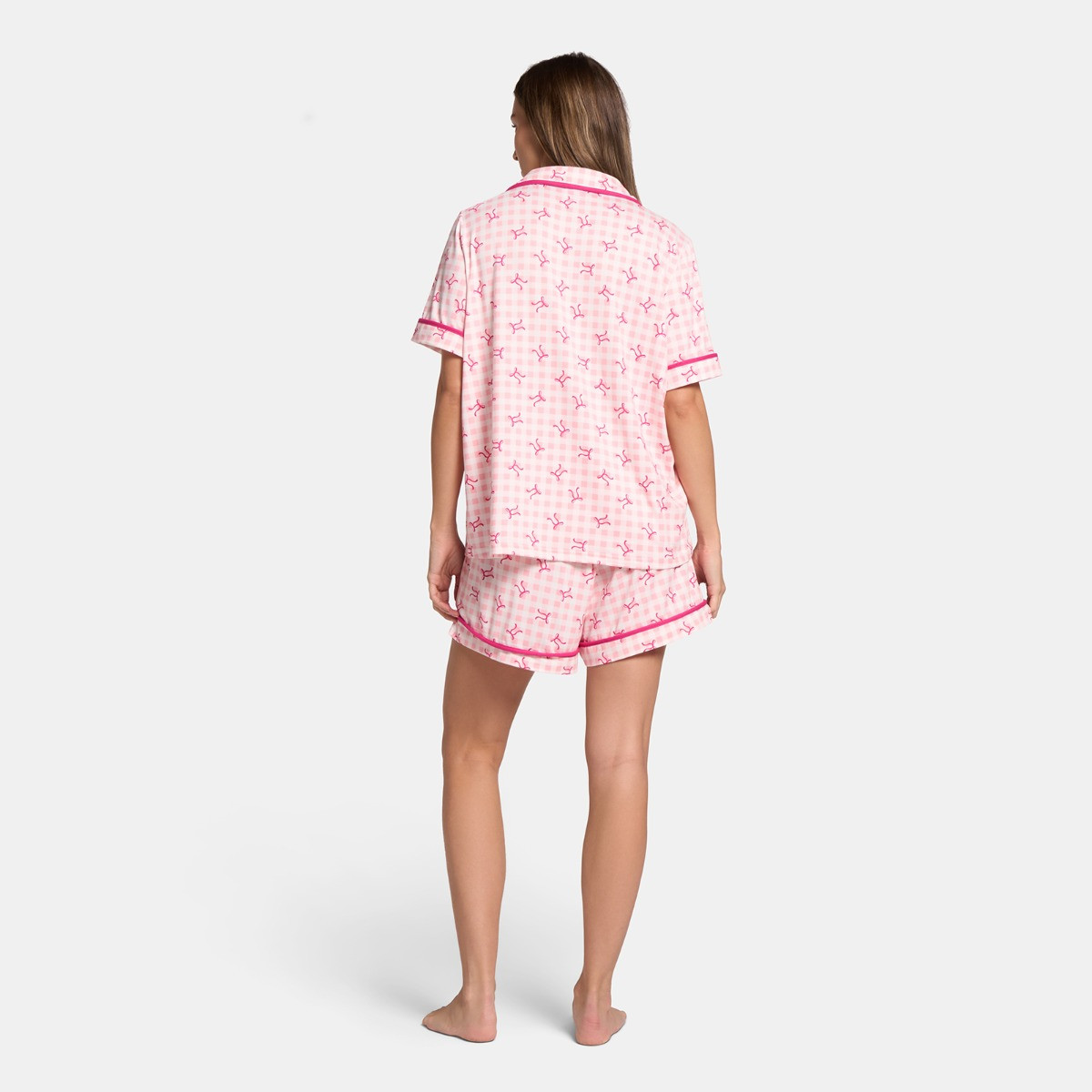OHS Bow Print Piped Edge Jersey Short Pyjama Set, Pink - Small/Medium>