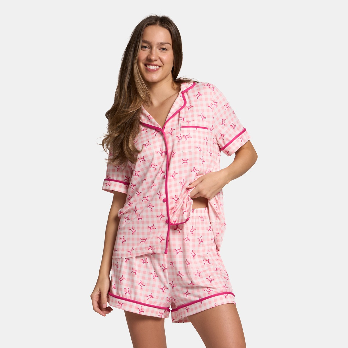 OHS Bow Print Piped Edge Jersey Short Pyjama Set, Pink - Small/Medium>