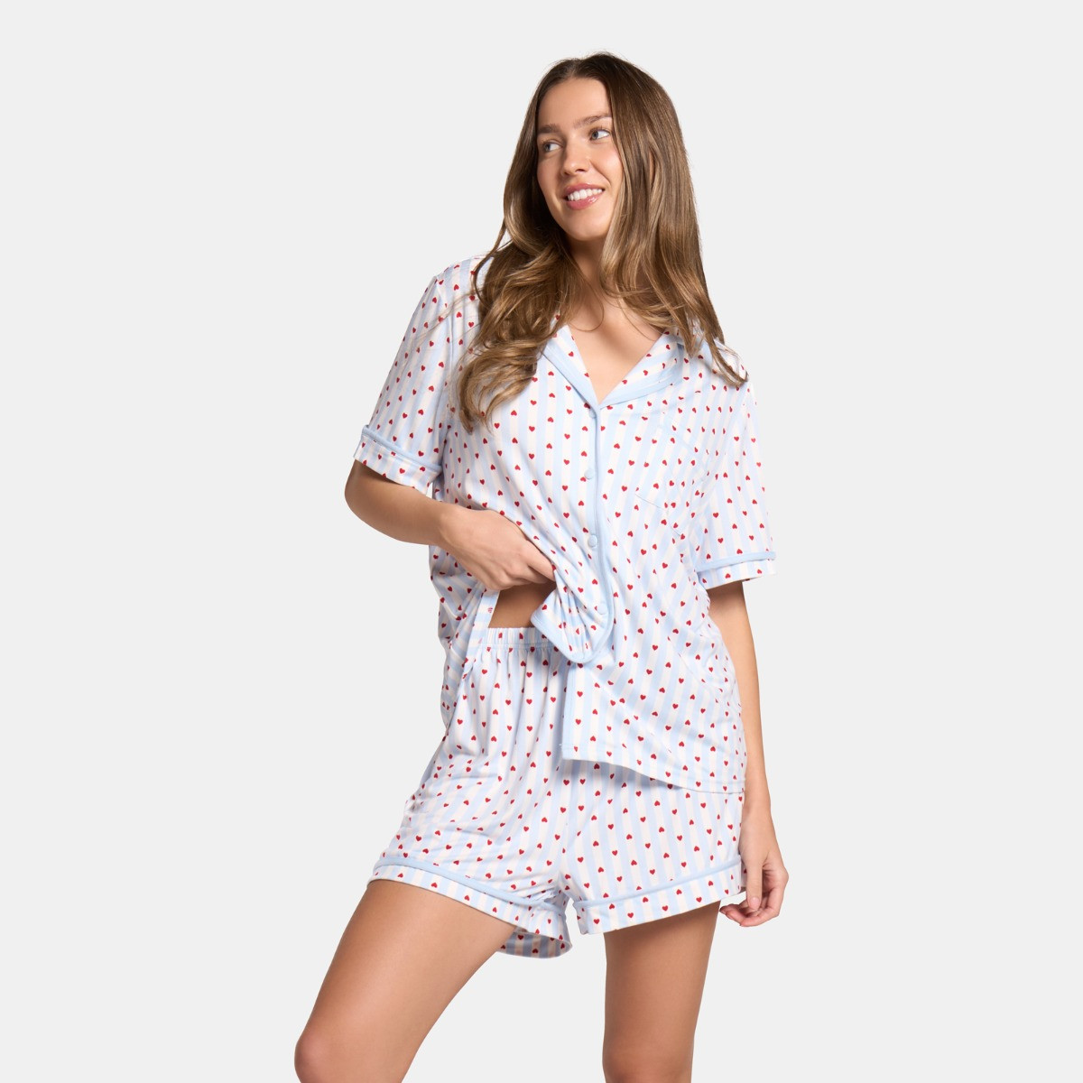 OHS Heart Stripe Piped Jersey Short Pyjama Set - Blue>