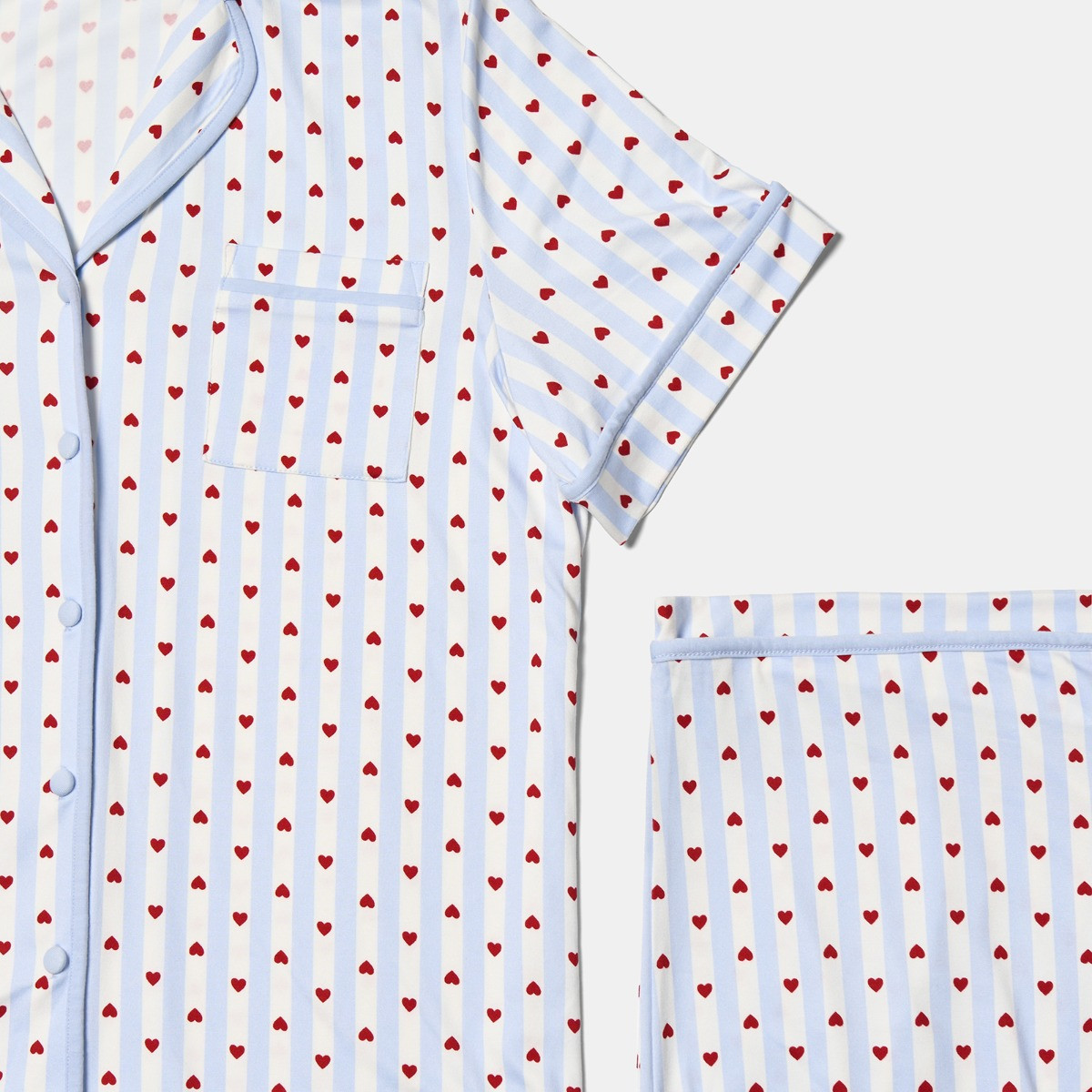 OHS Heart Stripe Piped Jersey Short Pyjama Set - Blue>