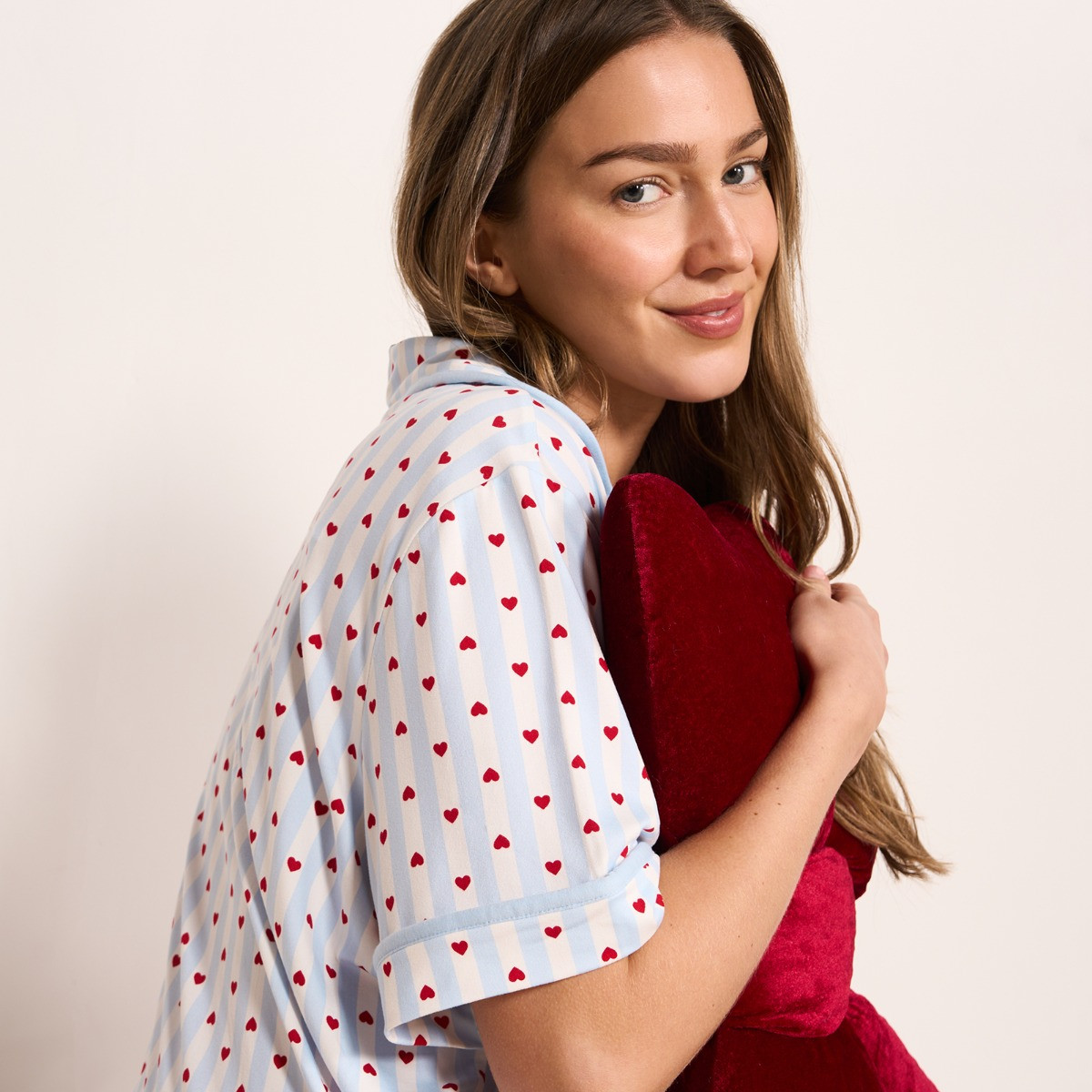 OHS Heart Stripe Piped Edge Jersey Short Pyjama Set, Blue - Small/Medium>