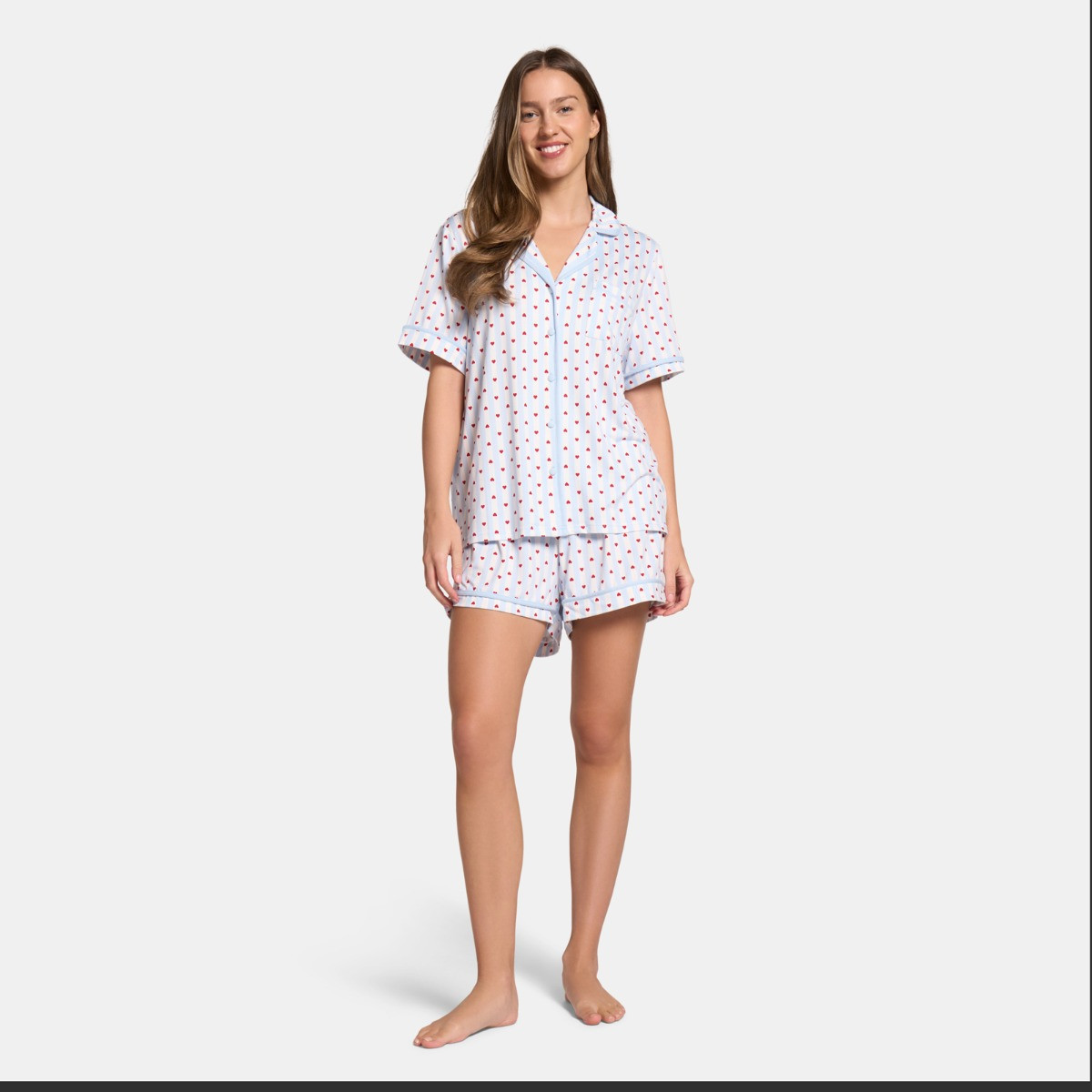 OHS Heart Stripe Piped Jersey Short Pyjama Set - Blue>