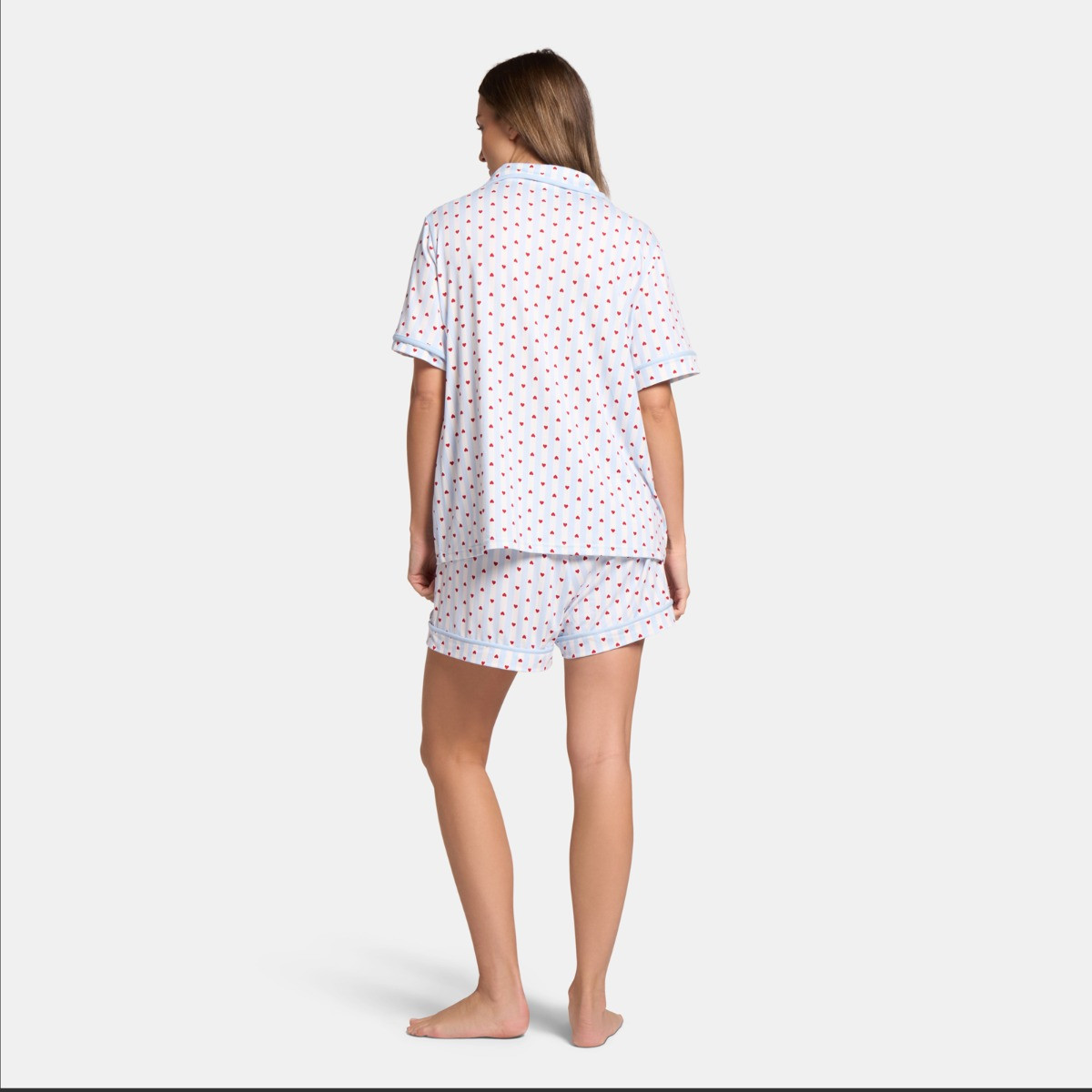 OHS Heart Stripe Piped Edge Jersey Short Pyjama Set, Blue - Small/Medium>