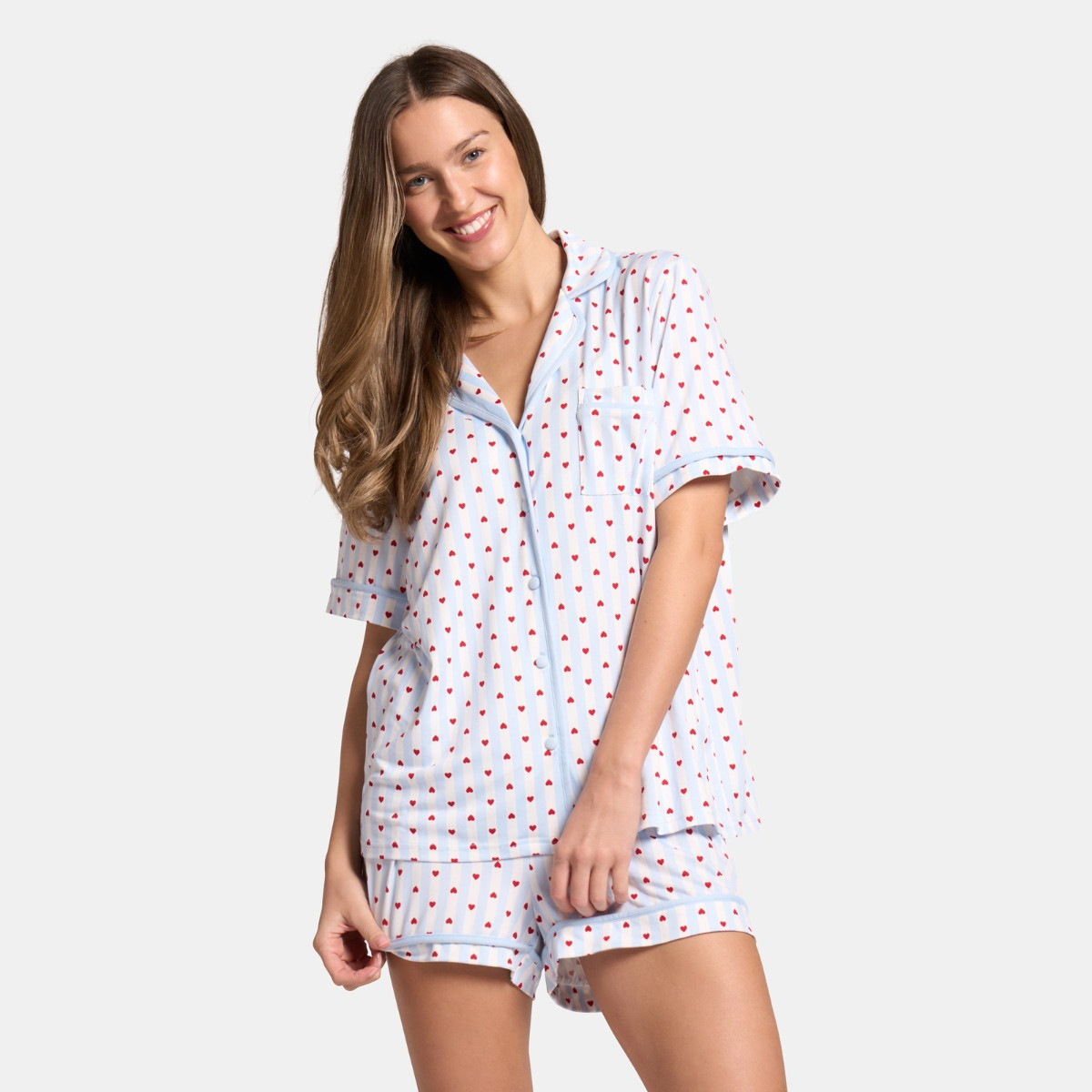 OHS Heart Stripe Piped Edge Jersey Short Pyjama Set, Blue - Small/Medium>