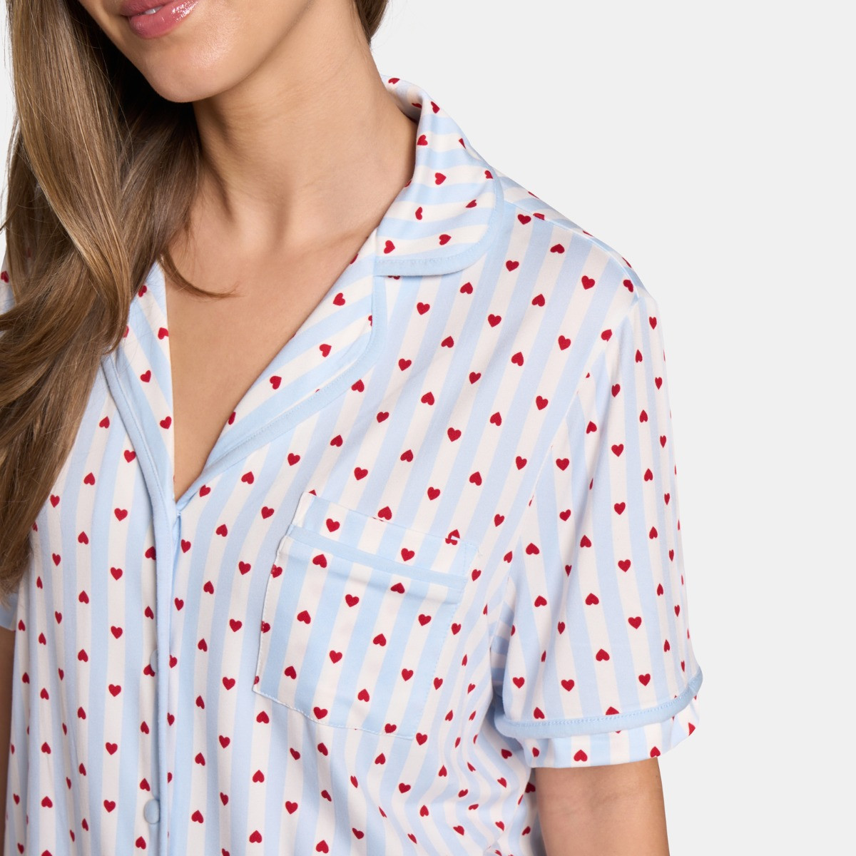 OHS Heart Stripe Piped Edge Jersey Short Pyjama Set, Blue - Small/Medium>