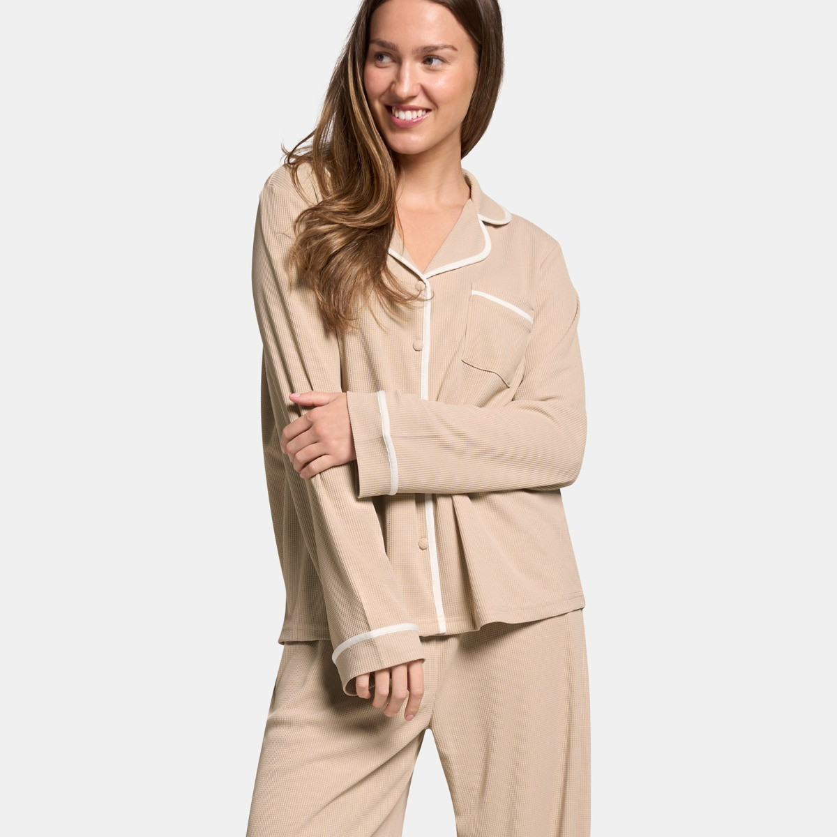 OHS Waffle Piped Pyjama Set - Natural>