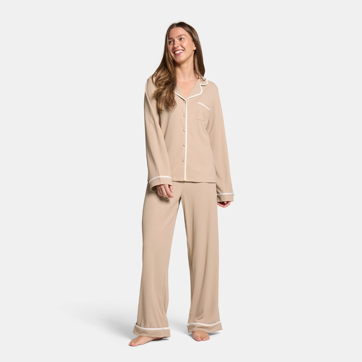 OHS Waffle Piped Edge Pyjama Set, Natural - Large/Extra Large>