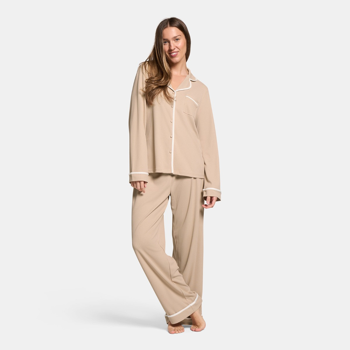 OHS Waffle Piped Edge Pyjama Set, Natural - Large/Extra Large>