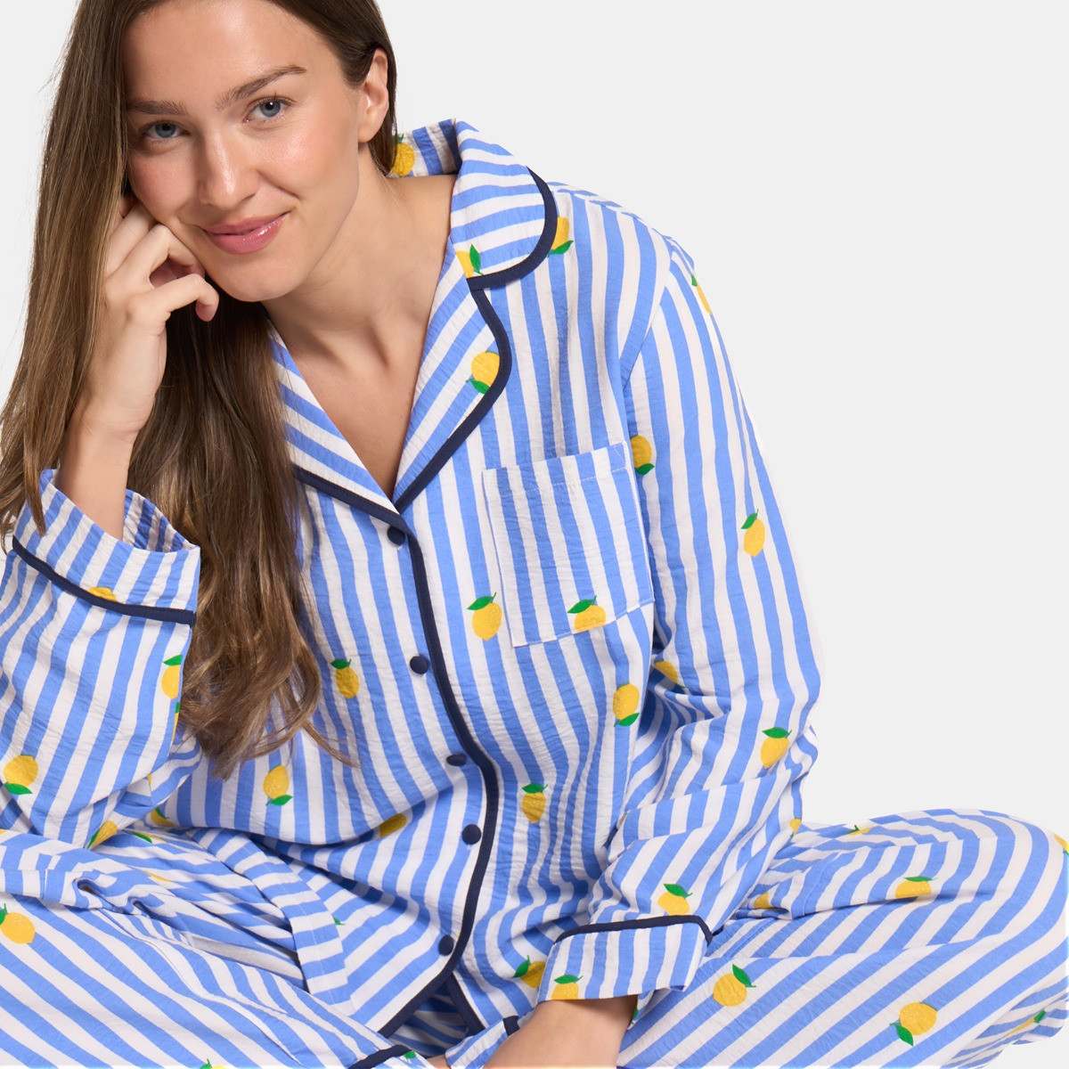 OHS Lemon Print Striped Seersucker Pyjama Set - Blue>