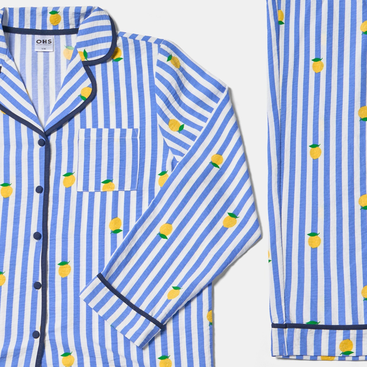 OHS Lemon Print Striped Seersucker Pyjama Set, Blue - Large/Extra Large>