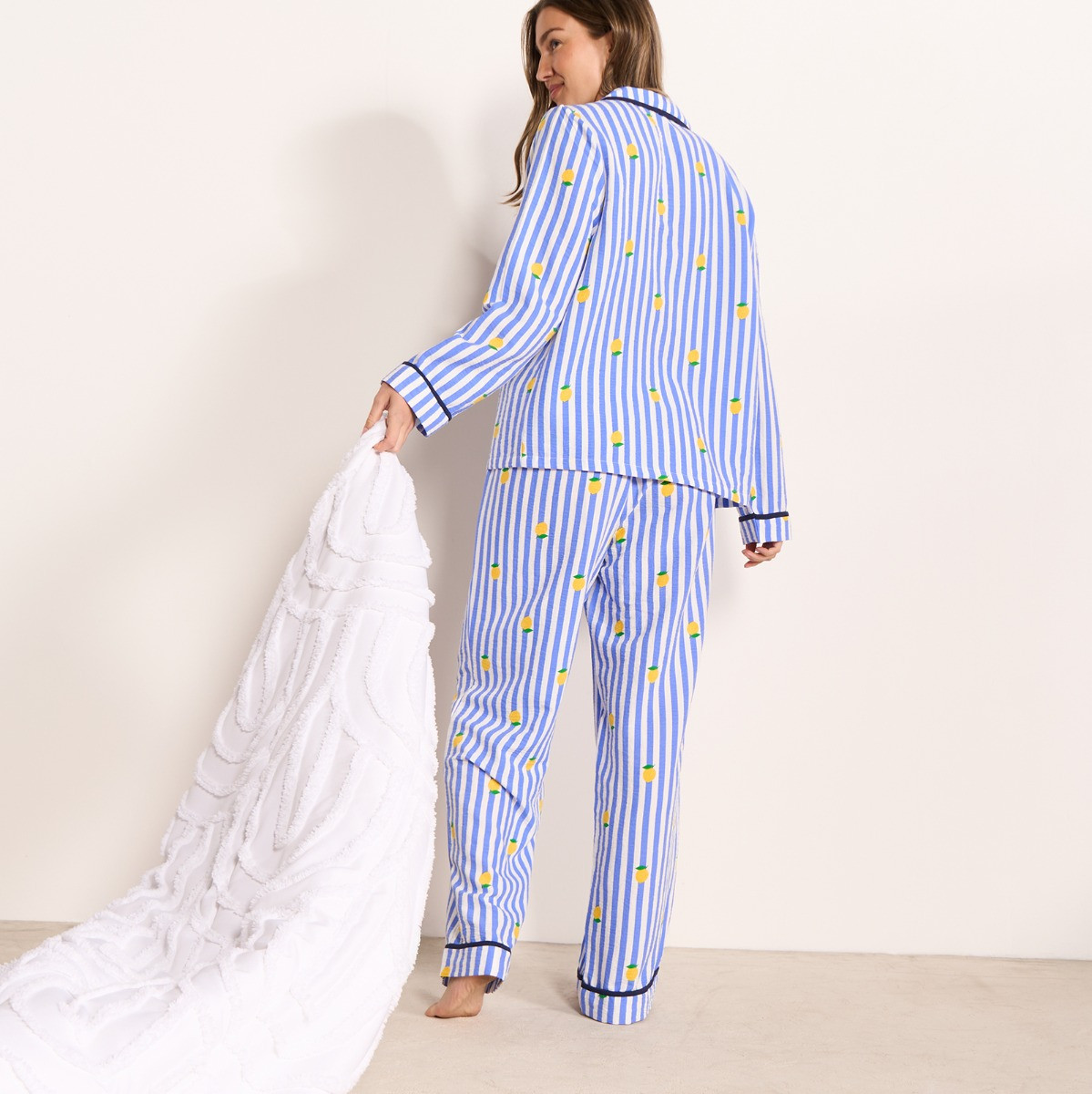 OHS Lemon Print Striped Seersucker Pyjama Set - Blue>
