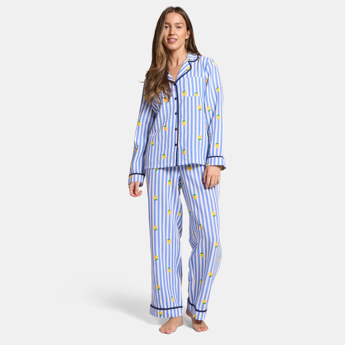 OHS Lemon Print Striped Seersucker Pyjama Set, Blue - Large/Extra Large>