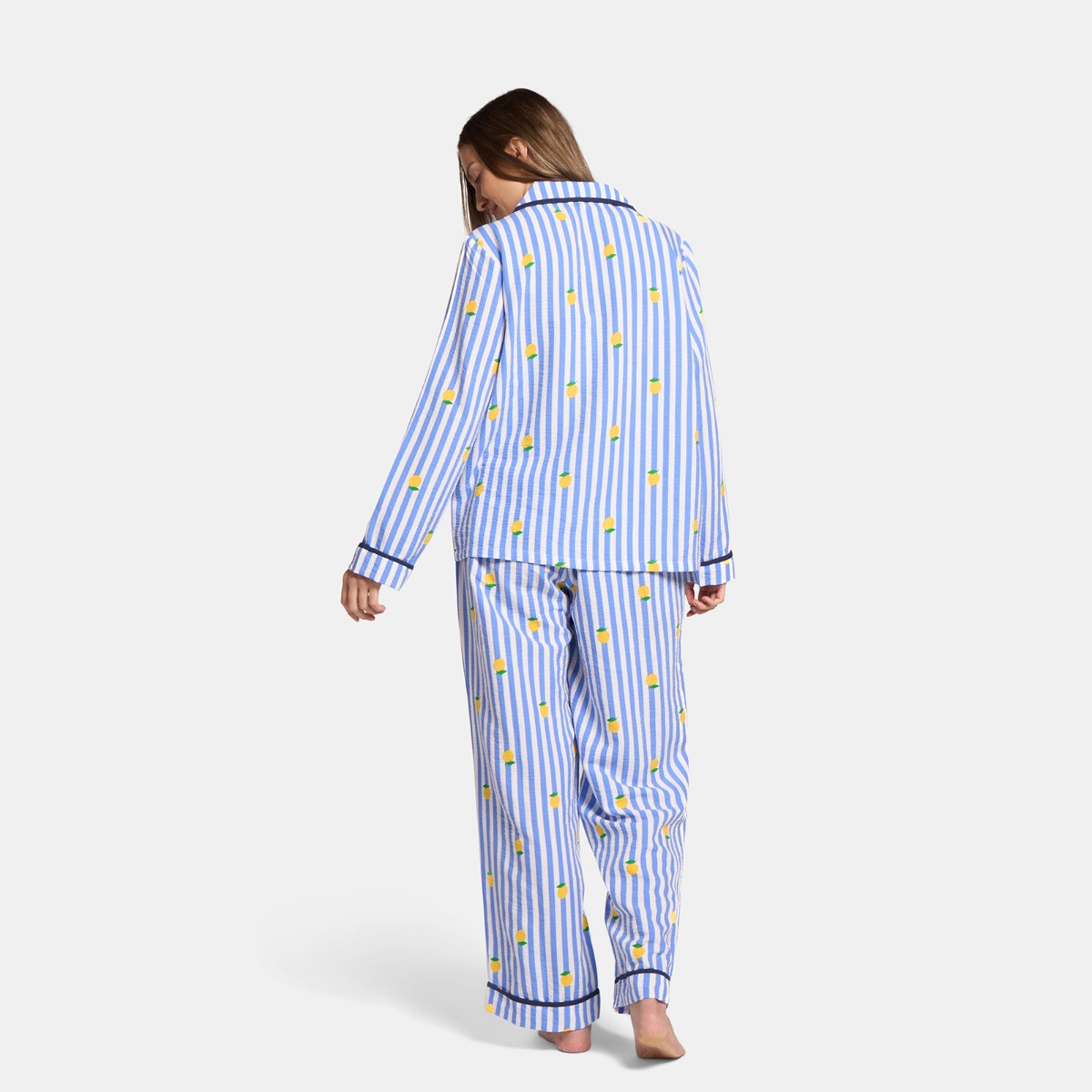 OHS Lemon Print Striped Seersucker Pyjama Set, Blue - Small/Medium>