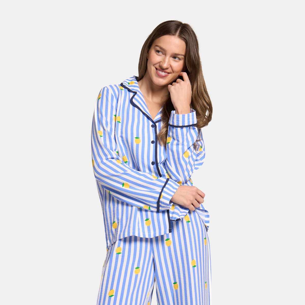 OHS Lemon Print Striped Seersucker Pyjama Set - Blue>