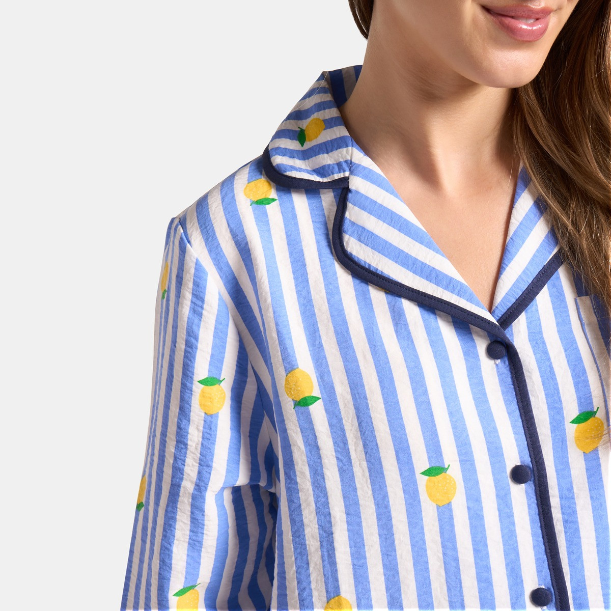 OHS Lemon Print Striped Seersucker Pyjama Set, Blue - Small/Medium>