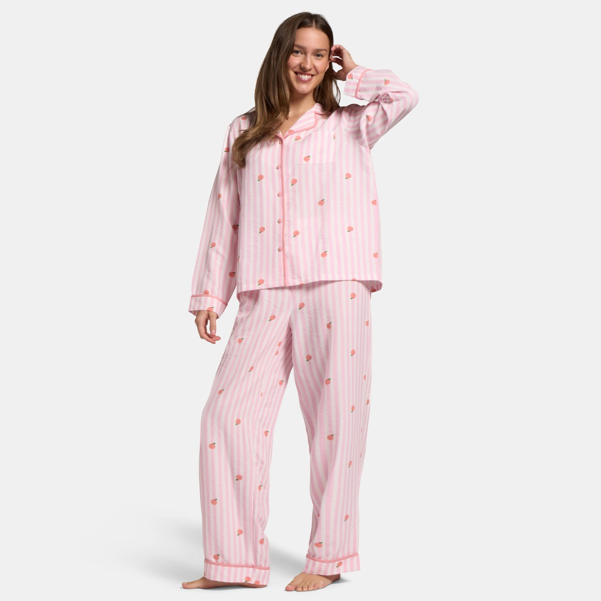 OHS Peach Print Striped Seersucker Pyjama Set, Pink - Large/Extra Large>