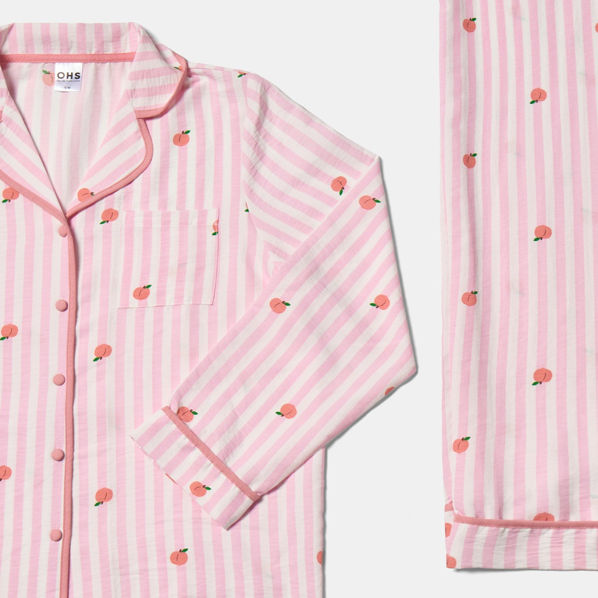 OHS Peach Print Striped Seersucker Pyjama Set, Pink - Small/Medium>