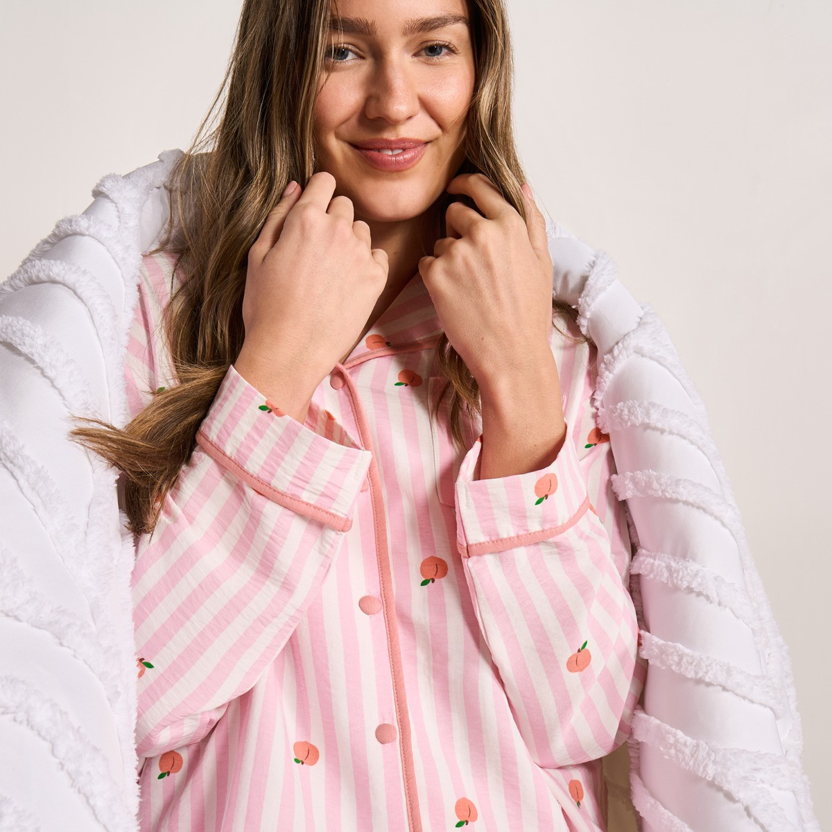OHS Peach Print Striped Seersucker Pyjama Set, Pink - Small/Medium>