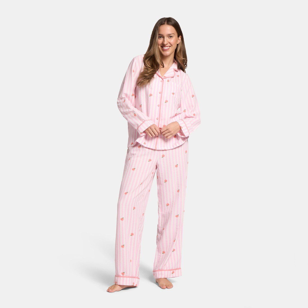 OHS Peach Print Striped Seersucker Pyjama Set, Pink - Small/Medium>