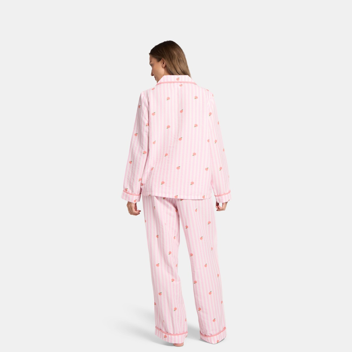 OHS Peach Print Striped Seersucker Pyjama Set, Pink - Small/Medium>
